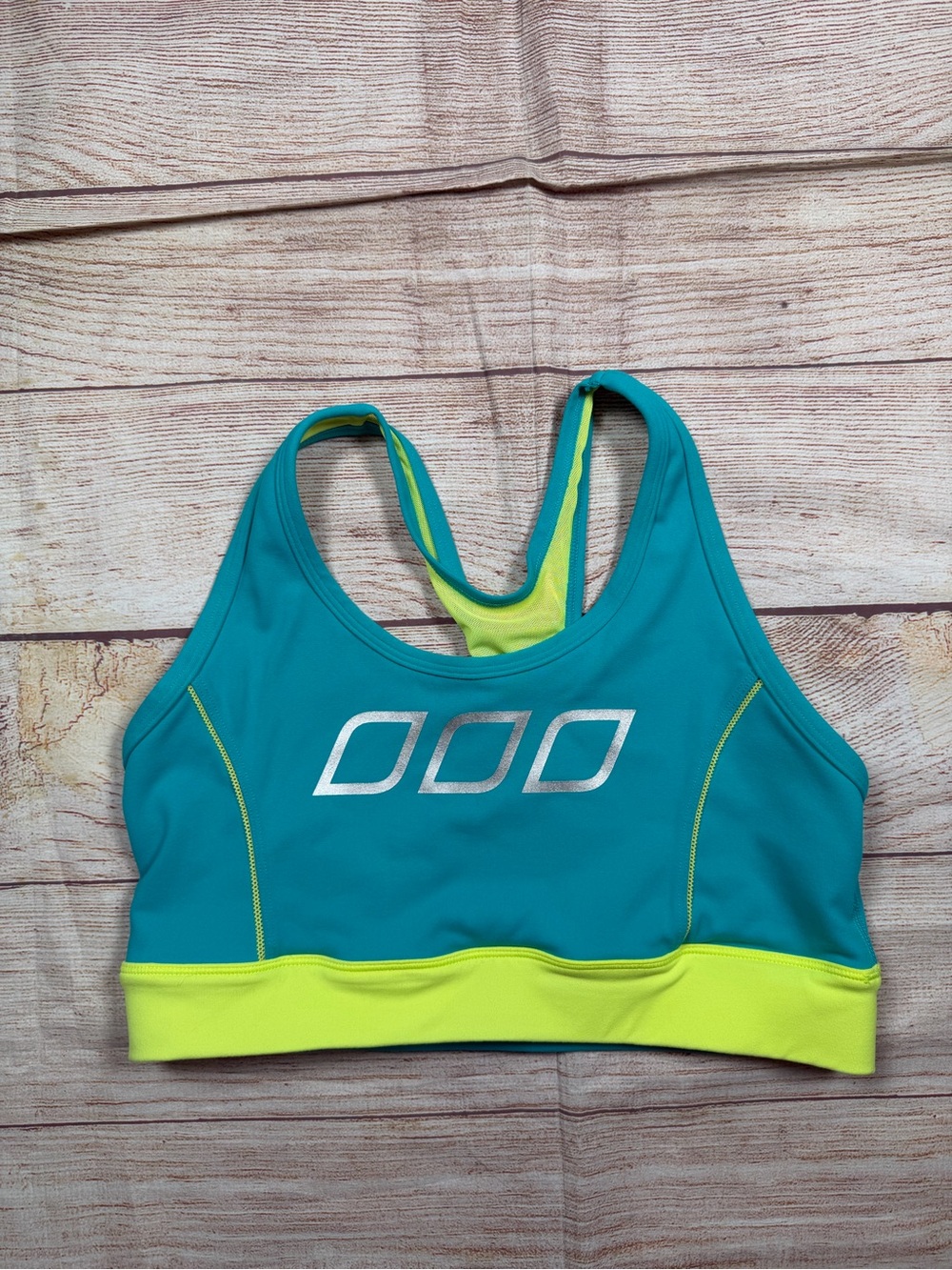 Lorna Jane Teal & Neon Lime Racerback Sports Bra - workout, running, lifting